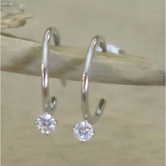 Dainty Silver Huggie Drop Hoop Earrings - Picture 2 of 6